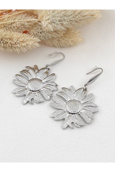 Siya Silver Sunflower Design Tarnish-Free Steel Long Earrings - 5.8 cm