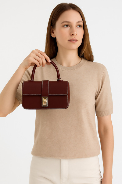 Satuna Geantă de mână și de umăr burgundă cu detaliu de blocare aurie – formă clasică, eleganță modernă