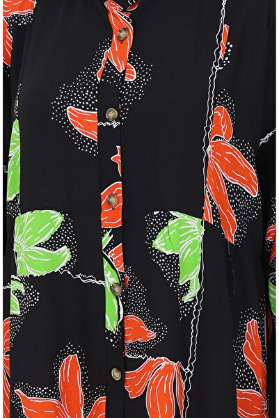 sefamerve Φόρεμα Alaçatı με μοτίβο με μισό κουμπί βισκόζης 2085-04 μαύρο πλακάκι