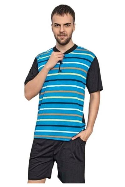 TOSKI Men's Pajamas – Short Sleeve and Striped Shorts, Blue