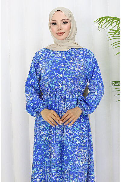 sefamerve Φόρεμα με μοτίβο βισκόζης με κορδόνια στη μέση 2084-02 Indigo