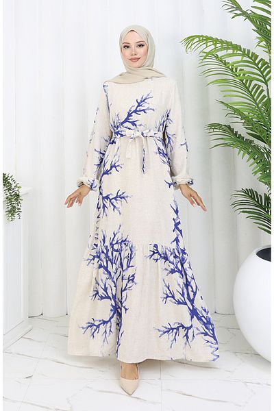 sefamerve Φόρεμα με μοτίβο λινό ζωσμένο 2087-01 Μπεζ Navy Blue