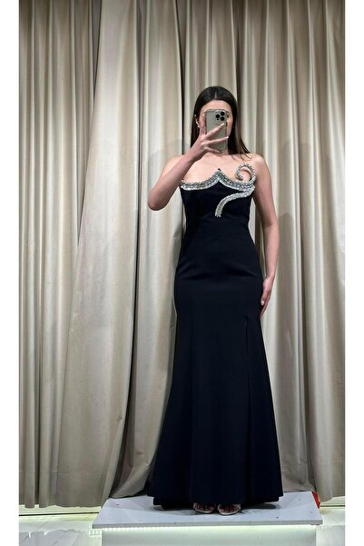 Kaleiçi Yıldızlar Siyah Straplez Yaka Detaylı Abiye Elbise 5388