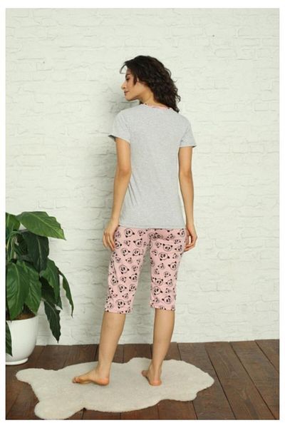 TOSKI women's cotton pajamas, teddy bear print, gray, t-shirt + 3/4 pants