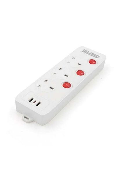 Geepas 3-Way Extension Socket with Individual Switches & 2 USB Ports – 3m Cord