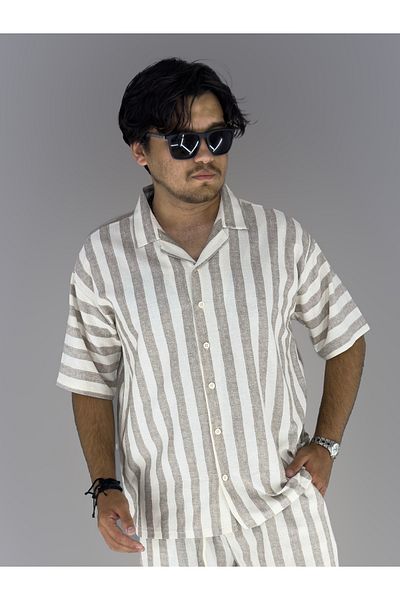 MARESHAL Cotton Linen Lapel Striped Detailed Short Sleeve Shirt (Coffee)