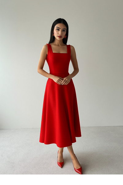arvensolin Kadın Kare Yaka Kalın Askı Tasarım Midi Boy Kırmızı Elbise