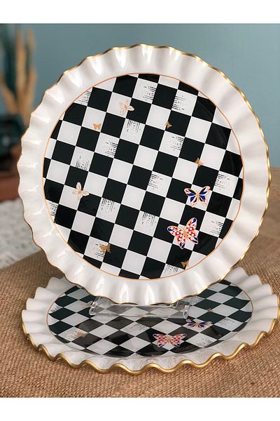B&M Checkerboard Patterned Curved Serving Plate 6 Pieces