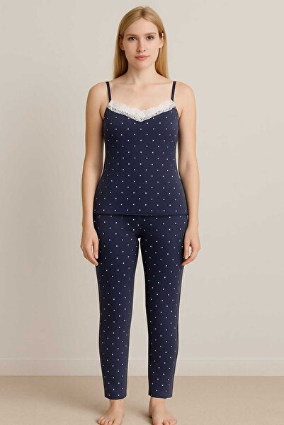 unbranded Navy Blue Polka Dot Lace Detailed Strap Long Pajama Set
