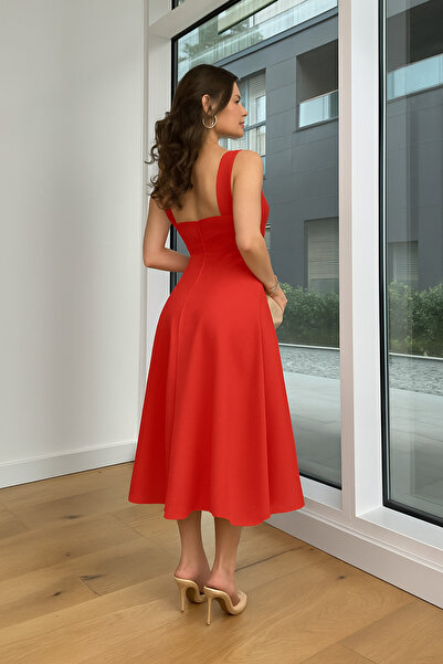 arvensolin Kadın Kare Yaka Kalın Askı Tasarım Midi Boy Kırmızı Elbise