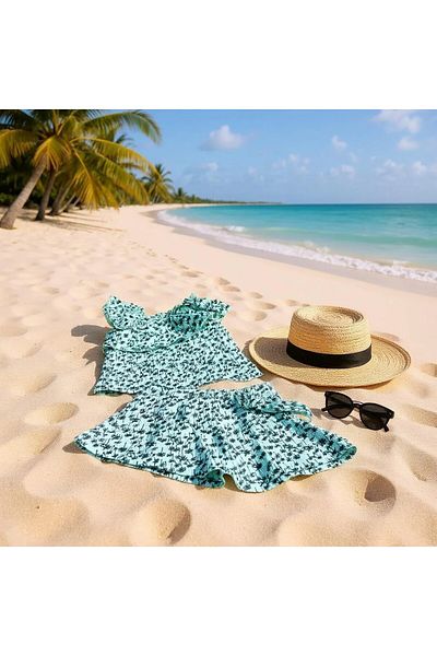 SeaBubbles Palm Patterned Girl's Shorts Skirt Suit