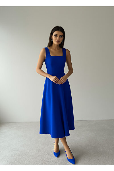 arvensolin Kadın Kare Yaka Kalın Askı Tasarım Midi Boy Saks Elbise