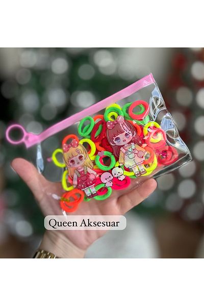 QUEEN AKSESUAR Phosphor with Transparent Zipper Bag Neon Color Tiny Small Hair Tire Bundle Towel Mesh Tire Set
