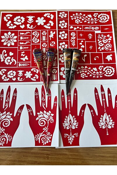 Airbrush Tattoo 2 siyah 2 kına rengi 4 tüp kına ve 4 sayfa kalıp seti
