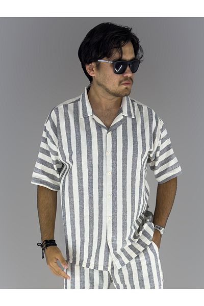 MARESHAL Cotton Linen Lapel Collar Striped Detailed Short Sleeve Shirt (Black)