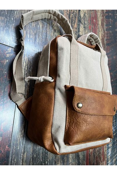 Street Bag White Modern Design Canvas Leather Waterproof Backpack with Carry Handle and Pockets