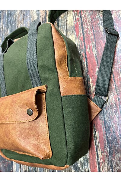 Street Bag Yeşil Modern Tasarım Kanvas Deri Su Geçirmez Cepli Taşıma Kollu Sırt Çantası