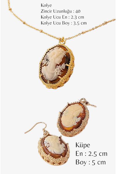 roseberry Amber Resin Mosaic Material Vintage Imported Cameo Necklace & Earring Set - R1526