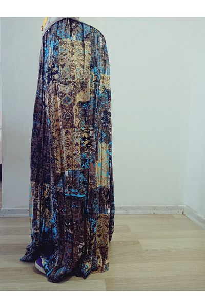 hoaryage Fusta lungă cu imprimeu boem, etnic, rochie de plajă de vacanță, talie elastică, viscoză Mevlana cu volane în 3 straturi