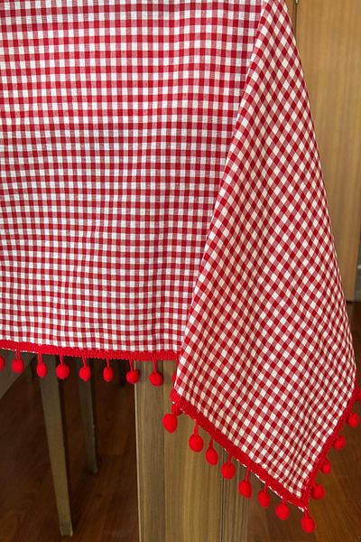 zarafet concept Pompom Series Small Checkered Pompom Tablecloth, Picnic Cover, Classic Cover