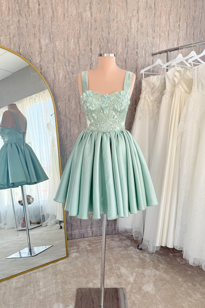 Lenta Moda Su Yeşili Dantel Kaplama Parlak Saten Mini Abiye ve Gece Elbisesi