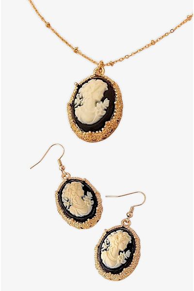 roseberry Black Resin Mosaic Material Vintage Imported Cameo Necklace & Earring Set - R1528