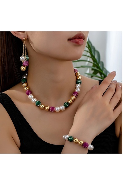 mos&more 3 Parçalı İncili Gold Kolye Ve Küpe Seti