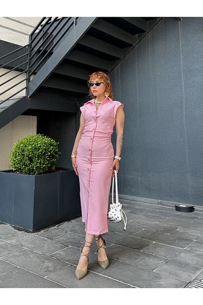 Bak'ap Premium Shirt Collar Waist Gathered Maxi Long Button Dress