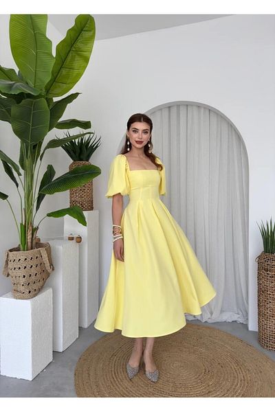 Femistik Rochie midi cu decolteu pătrat plisat cu mâneci balon
