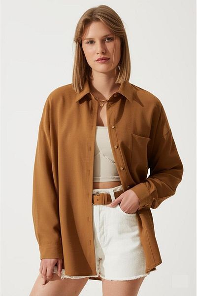 COMBİNE MİCHAİL Γυναικείο λινό πουκάμισο Caramel Oversize