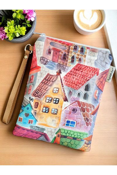 Ayza Stüdyo European Houses Patterned Portfolio Clutch Bag - Cosmetic Bag - Multipurpose Bag (23X16 cm)