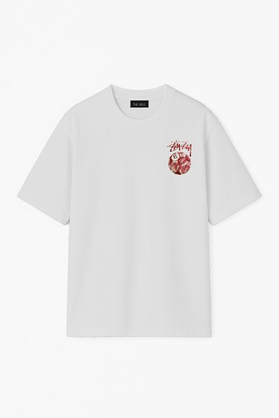 THE RULE Unisex Stüssy Kiss Printed Oversize 100% Cotton Wide Cut Textured Gray Crew Neck T-Shirt Rf0512