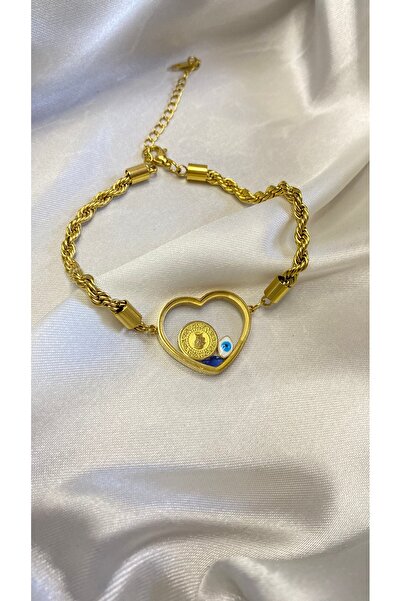 GLOWVİA AKSESUAR Kadın Kalpli Çeyrek & Nazar Boncuklu Fanus Bileklik