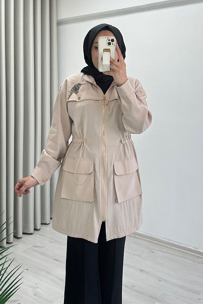 T Moda Store Collar Stone Embroidery Bird Detailed Waist Drawstring Cupra Cap