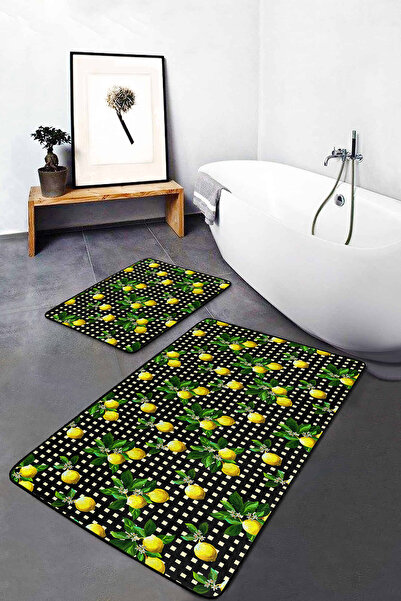 Realhomes طقم سجادة للحمام والمطبخ مكون من قطعتين بطبعة رقمية ليمونية مربعة ا...