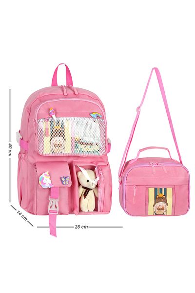 CANLOOR Kawaii Korean Style Elementary School Backpack and Lunchbox with Accessories Pink