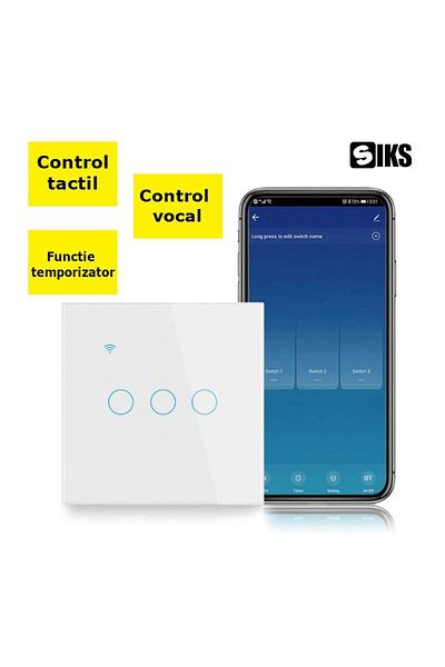 SIKS Smart Double Touch Light Switch, Wi-Fi, 3 Illuminated Buttons, Tempered Glass