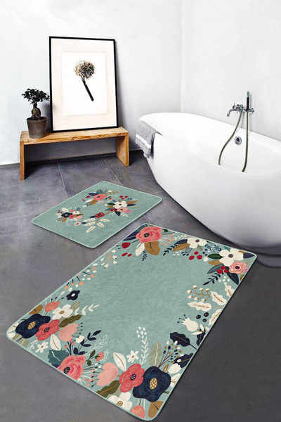 Realhomes Yeşil Zemin Gül Tasarımlı Dijital Baskılı 2'li Kaymaz Tabanlı Banyo...