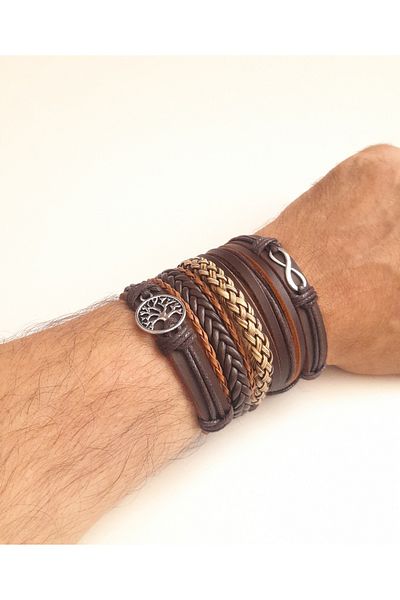 AB Takı Eternity Tree of Life Design 5-Piece Genuine Leather Bracelet