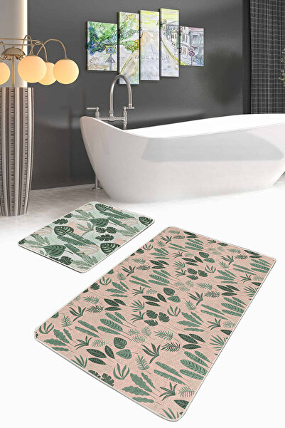 Realhomes طقم سجادة للحمام والمطبخ مكون من قطعتين مطبوع رقميًا بأوراق استوائي...