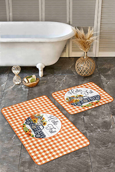 Realhomes طقم سجادة حمام مكون من قطعتين بتصميم برتقالي منقوش ومجموعة سجادة لل...