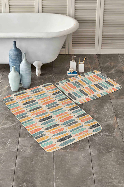 Realhomes مجموعة تصميم خاص بأوراق استوائية طويلة ملونة مكونة من قطعتين للحمام والمطبخ مع قاعدة مضادة للانزلاق