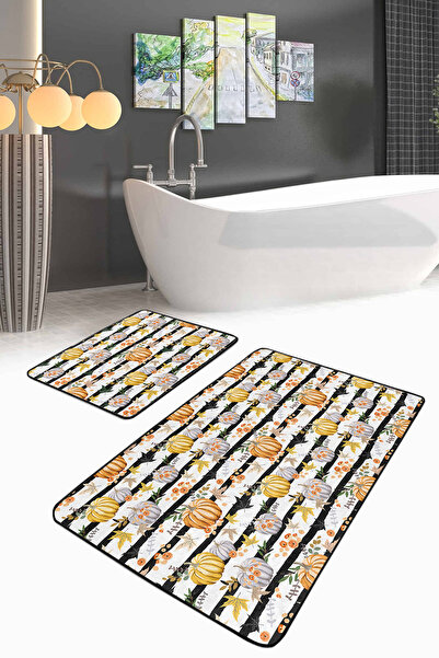 Realhomes Black Striped Floor Pumpkin Design 2-Piece Non-Slip Base Bathroom &...