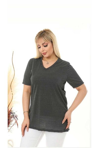 fly just Women's Large Size V-Neck Silvery Striped Viscos Tshirt