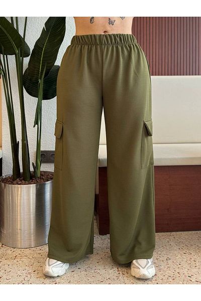 fly just Women's Large Size Elastic Waist Flexible Cargo Pants with Pockets