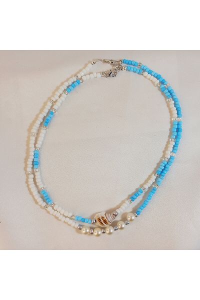 Crystal Atelier Summer Necklace Set with Sea Shell Blue White Beads Pearl-Double Row Bohemian Handmade Stylish Jewelry