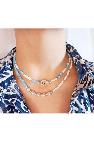 Crystal Atelier Summer Necklace Set with Sea Shell Blue White Beads Pearl-Double Row Bohemian Handmade Stylish Jewelry