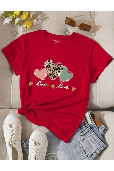 khufu Tricou oversize din bumbac roșu Love Leopard Heart imprimat cu croiala ...