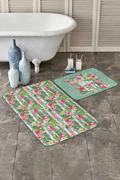 Realhomes طقم سجادات للحمام والمطبخ مكون من قطعتين بتصميم فلامنغو صيفي مع قاع...
