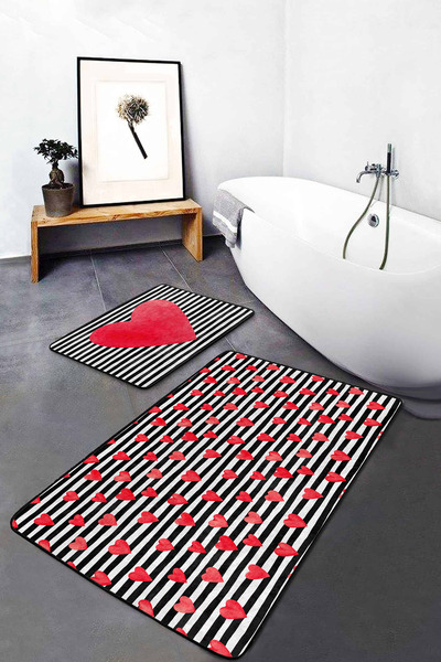 Realhomes Çizgili Zemin Kırmızı Kalp Tasarımlı 2'li Kaymaz Tabanlı Banyo & Mu...